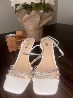 X2 White Strappy Kitten Heeled Sandals with Silver Sparkle Straps